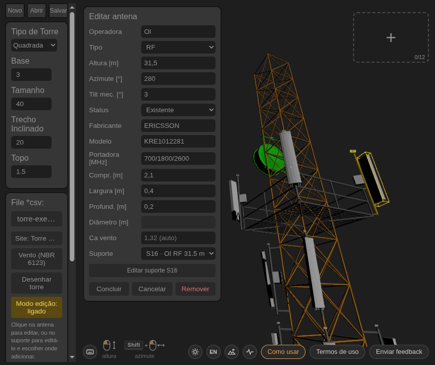 Modo edição ligado com o editor de uma antena RF da OI aberto ao lado da torre