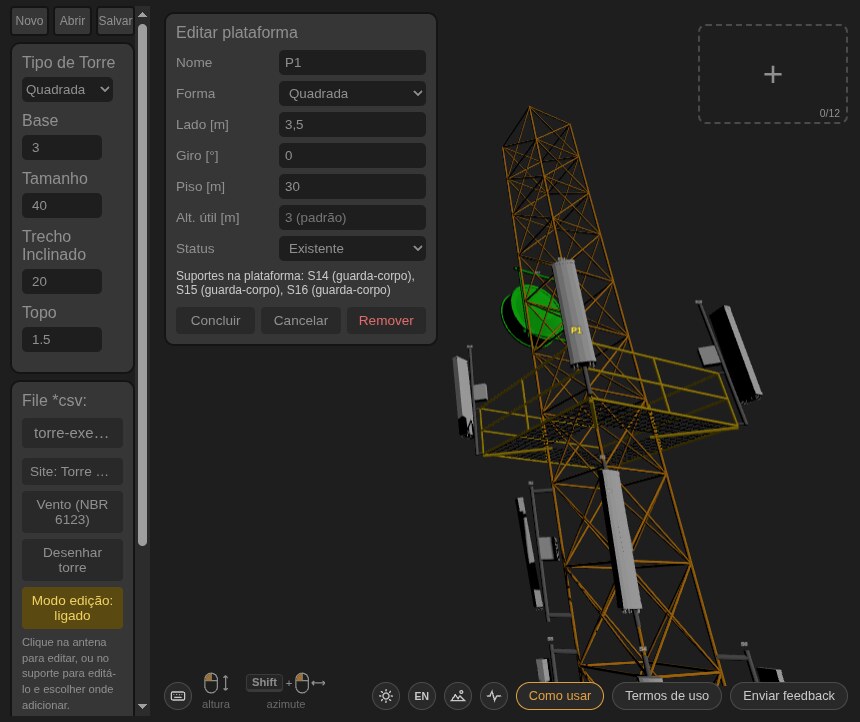 Editor da plataforma P1 aberto, com a plataforma quadrada em amarelo e as antenas da OI presas no guarda-corpo, com as RRUs acima do corrimão